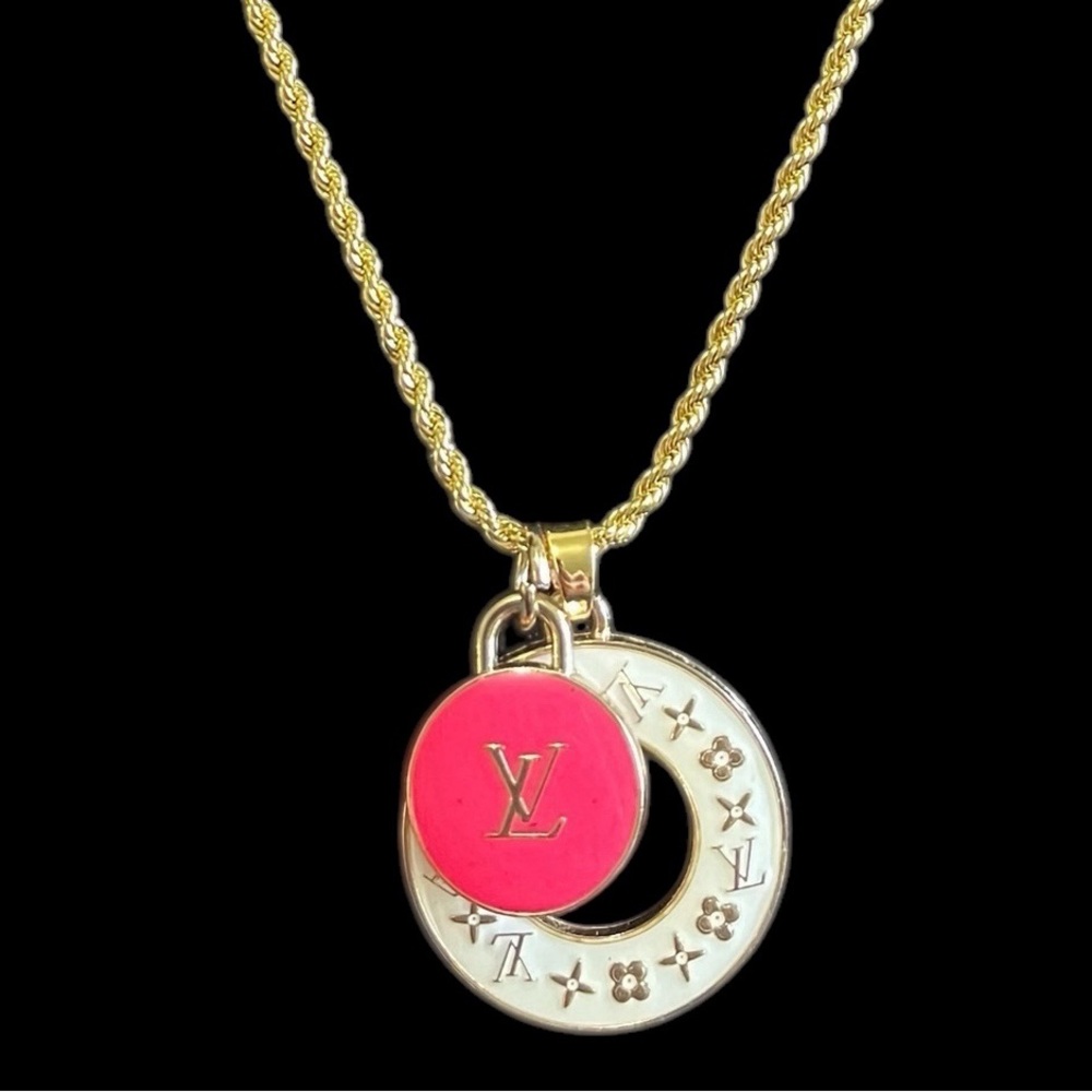 Louis Vuitton Gold-Tone Necklace with Pink Enamel LV Charm
